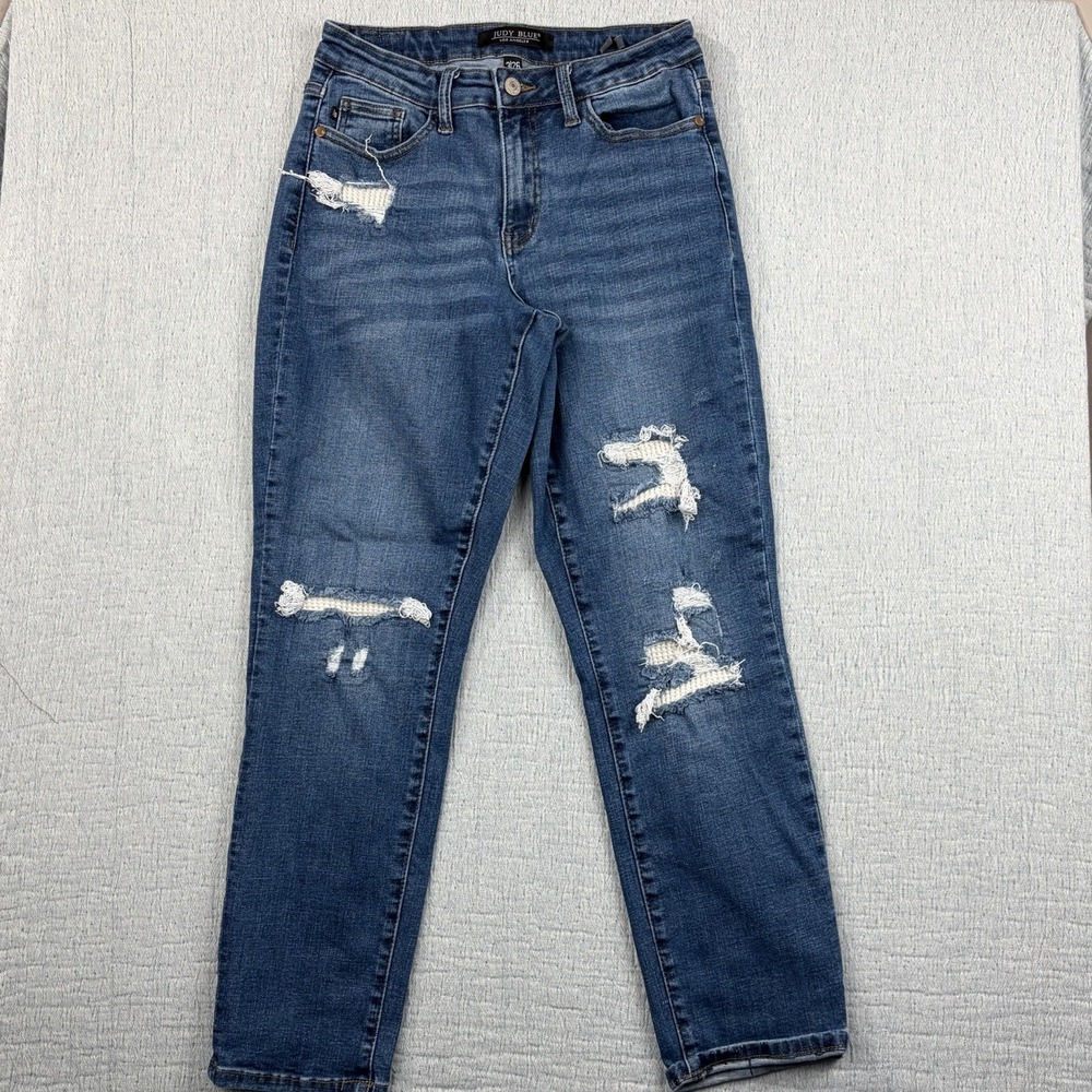 Judy Blue Jeans Womens 3/26 Boyfriend Fit Distressed Thermal Patches Stretch EUC